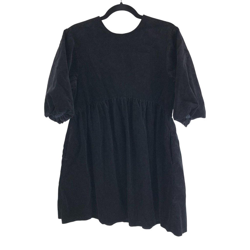 Everlane The Tiered Corduroy Dress Cotton Stretch Puff Sleeve Black Size M